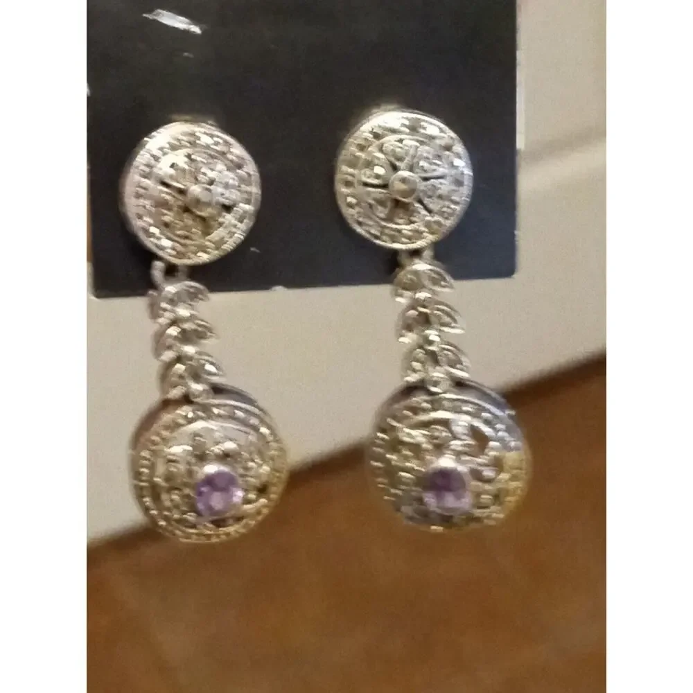 925 Silver - Vintage Victorian Amethyst & Marcasite Dangle Earrings